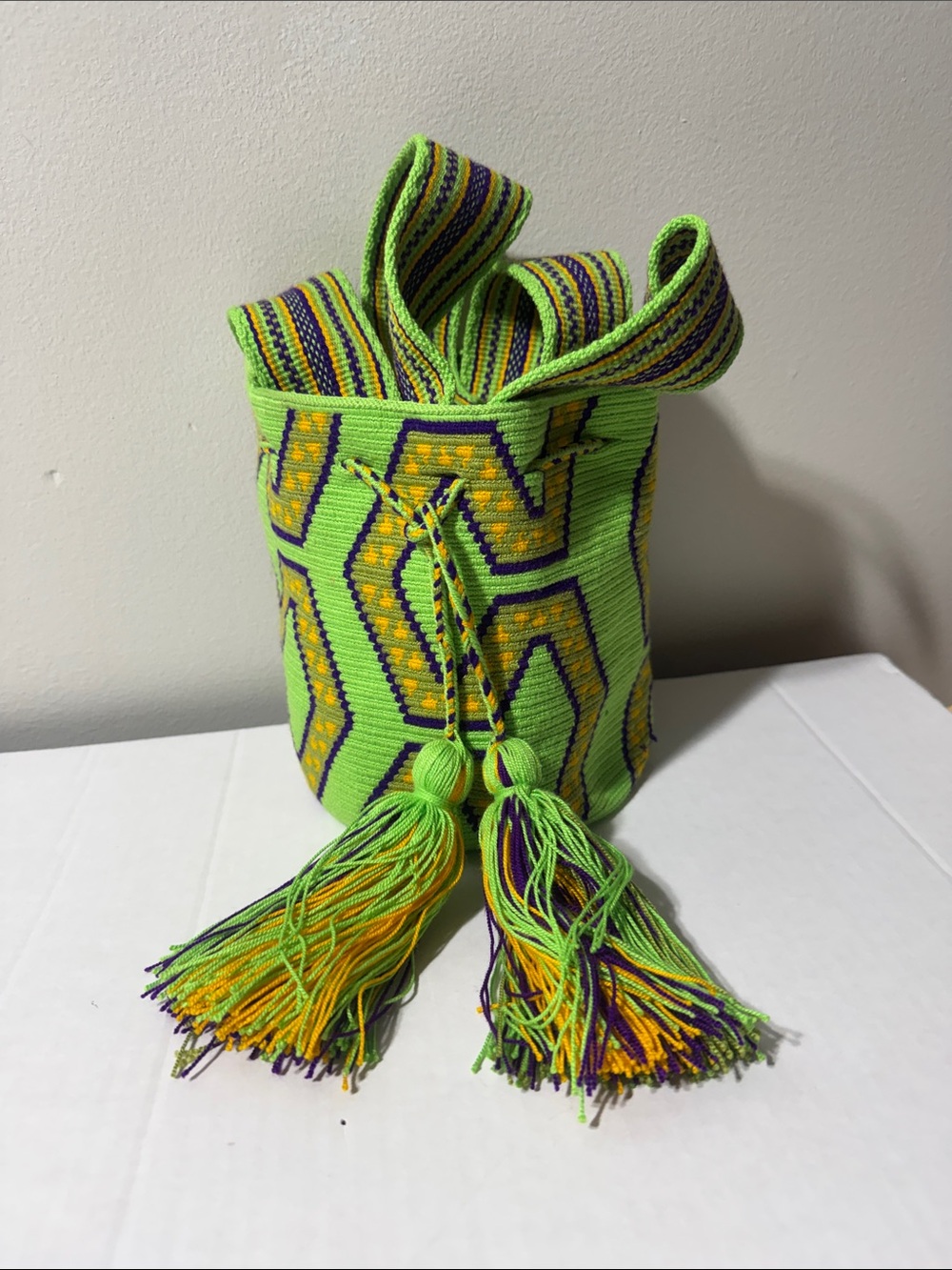 Wayuu Handwoven Lime Green Geometric Bucket Bag